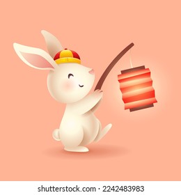 Cute rabbit holds a Chinese oriental lantern. Year of Rabbit. Translation - Good fortune.