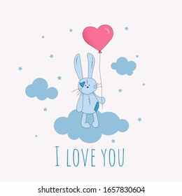 Cute rabbit holds a heart-shaped balloon on a blue cloud ,with text i love you. Vector illustration greeting card.