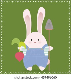 Cute rabbit holds organic vegetable from his domestic garden.