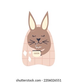 Cute rabbit with hot chocolate and bed sleeping item isolated on white. Baby animal holding cocoa. Hare wrapped in blanket. Nursery decoration print design. Cozy hand drawn flat vector illustration