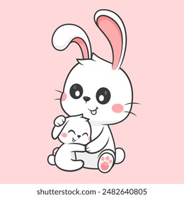 Cute Rabbit Hug Baby Rabbit Cartoon Vector Icon Illustration. Animal Nature Icon Concept Isolated Premium Vector. Flat Cartoon Style