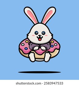 Cute rabbit hug big doughnut cartoon