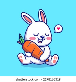 Cute Rabbit Hug Carrot Cartoon Vector Icon Illustration. Animal Nature Icon Concept Isolated Premium Vector. Flat Cartoon Style