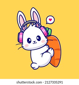 Cute Rabbit Hug Carrot With Headphone Cartoon Vector Icon Illustration. Animal Nature Icon Concept Isolated Premium Vector. Flat Cartoon Style