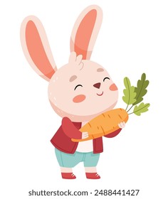 Cute Rabbit Hug Carrot.Vegetarian rabbit farmer loves carrots, cartoon for children.Flat Cartoon Style