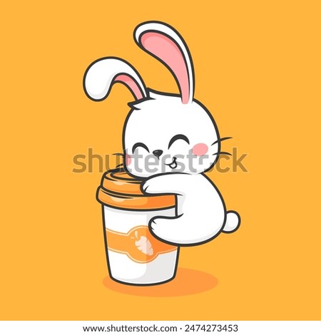 Cute Rabbit Hug Coffee Cup Cartoon Vector Icon Illustration. Animal Drink Icon Concept Isolated Premium Vector. Flat Cartoon Style