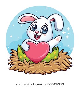 Cute rabbit hug heart isolated on white background. It can be used for printing, textiles, web design. Vector illustration