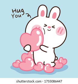 Cute rabbit hug heart on blue background.Cartoon character design.Animal doodle.Kid graphic.Kawaii.Vector.Illustration.
