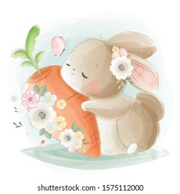 Cute Rabbit Hugging a Big Carrot