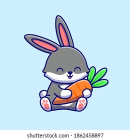 Cute Rabbit Hugging Carrot Cartoon Vector Icon Illustration. Animal Food Icon Concept Isolated Premium Vector. Flat Cartoon Style