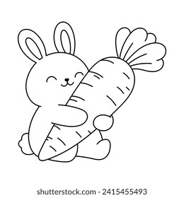 Cute Rabbit Hugging Carrot, Coloring Book Page Line Art