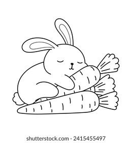 Cute Rabbit Hugging Carrots, Coloring Book Page Line Art