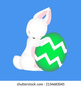 Cute rabbit hugging Easter egg isolated on blue background flat illustration vector.