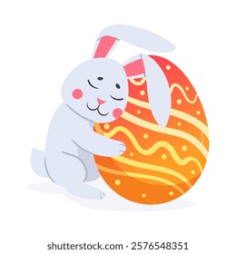 Cute rabbit hugging Easter egg. Bunny with colored Easter egg flat vector illustration. Cartoon spring holiday easter bunny