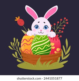 Cute rabbit hugging eggs. Bunny with Easter painted eggs, Easter hare with chocolate eggs flat vector illustration. Spring holiday easter bunny