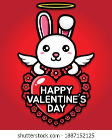 cute rabbit hugging a heart with happy valentine's day greetings