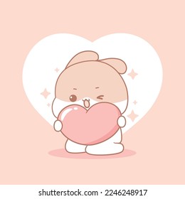 Cute rabbit hugging love heart, happy valentine's day, cartoon character illustration