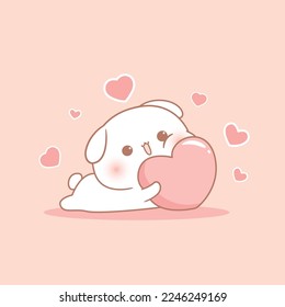 Cute rabbit hugging love heart, happy valentine's day, cartoon character illustration