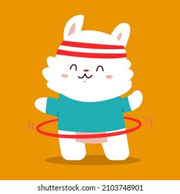 Cute rabbit with hula hoop vector cartoon character isolated on background.
