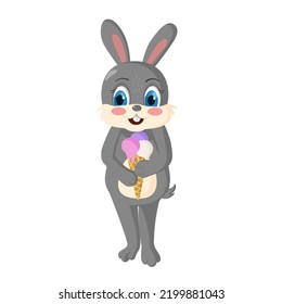 Cute rabbit with ice cream in a cone. Symbol of the new year. 2022 Chinese calendar year of the hare Summer holidays. Tiger 2022 new year