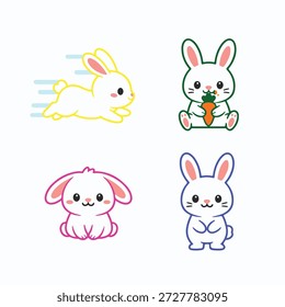 Iconos lindos del conejo que muestran movimientos activos