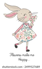 Cute rabbit illustration, bunny with flowers