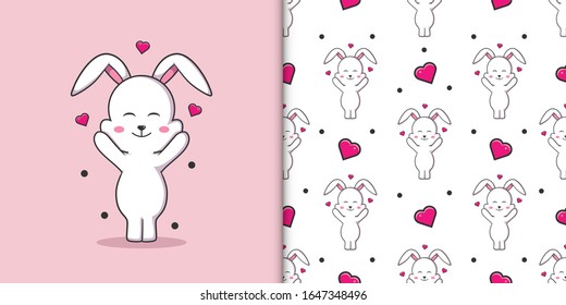 Cute rabbit illustration with seamless pattern