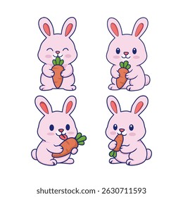 cute rabbit illustration with various expressions eating carrots