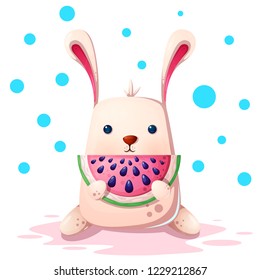 Cute rabbit illustration with watermelon. Vector eps 10