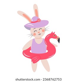 Cute rabbit with inflatable flamingo ring. Bunny girl in a swimsuit and hat on a beach holiday. Cartoon forest character.