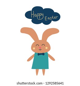 Cute rabbit, inscription Happy Easter, vector illustration for poster, banner design, greeting card