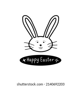 Cute rabbit with the inscription Happy Easter on a black background in doodle style for different types of decoration, postcards, stickers. Vector illustration.