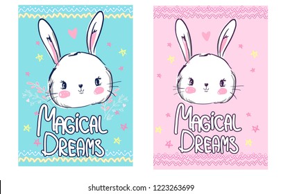 Cute rabbit with the inscription Magical dreams. Beautiful cute colorful children's print for t-shirts and a poster for children.