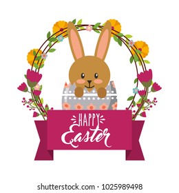 cute rabbit inside broken egg frame floral decoration happy easter