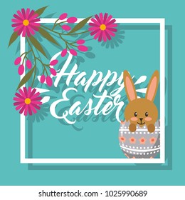 cute rabbit inside broken egg floral frame happy easter