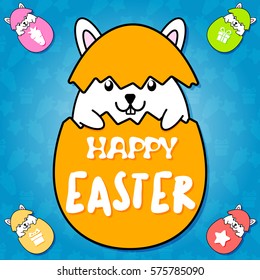 Cute rabbit inside orange egg and little cute rabbit in egg on blue pattern background in Happy Easter concept