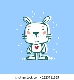 Cute rabbit isolated on blue background. Hand drawn vector design elements for Easter or Chinese New Year 2023 or Valentines Day. Doodle style.