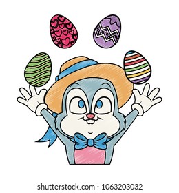Cute rabbit joggling with easter eggs