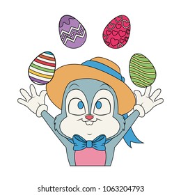 Cute rabbit joggling with easter eggs
