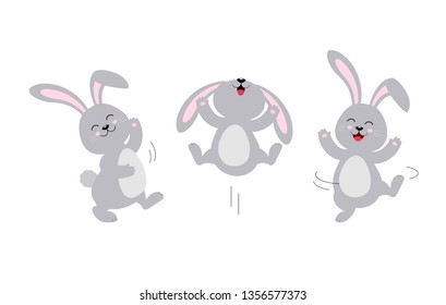 Cute rabbit jumping and dancing. Cute bunny. Happy Easter day, cartoon character design. Vector illustration isolated on white background.