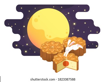 Un conejo lindo saltando sobre un pastel de luna con luna brillante en segundo plano. Festival de mediados de otoño. Imagen del Festival de la Luna de China feliz para tarjeta de felicitación, cartel, sitio web, contenido de artículos. Vector plano.