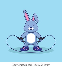 Cute Rabbit jumping rope Kawaii vector cartoon illustration. Cartoon Vector Workout Icon Illustration. workout Icon Concept Isolated Premium Vector. Cute Rabbit workout cartoon style.