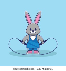 Cute Rabbit Springseil Kawaii Vektorgrafik Illustration. Cartoon Vector Workout Icon Illustration. Workout-Icon Konzept isolierter Premium-Vektorgrafik. Cute Rabbit Workout Cartoon Stil.