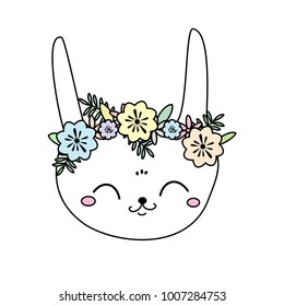 Cute rabbit. Kawaii Bunny. Sweet little Hare. Cartoon animal face for kids, toddlers and babies fashion. Easter rabbit with flowers