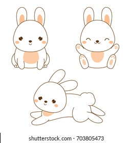 Cute rabbit. Kawaii Bunny. White hare sitting and jumping. Cartoon animal character for kids, toddlers and babies fashion. Vector design elements