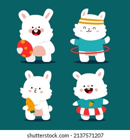 Cute rabbit with kawaii emotions vector cartoon characters set isolated on background.