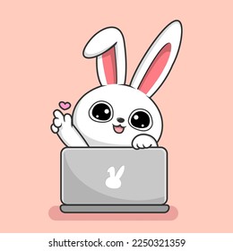 Cute Rabbit Kawaii Play Laptop Cartoon - Bunny Hiding Behind Laptop Love Hand