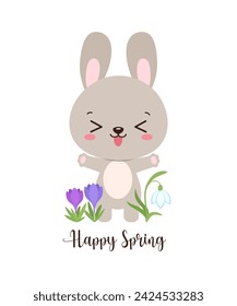 Cute rabbit kawaii spring vector illustration. Easter bunny with crocus flowers. For spring greeting card, poster, invitation. Hello spring text. Playful and tender graphic for kids and young adults.