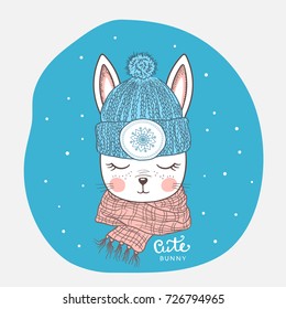 Cute rabbit with knitted cap, scarf. Winter time