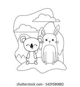 cute rabbit with koala animals in landscape
